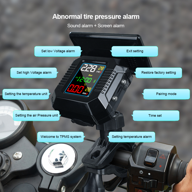 Sensores solares TPMS para motocicleta, sistema de monitoreo de presión de neumáticos, Sensor externo para Moto