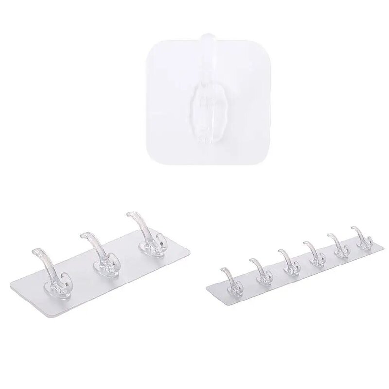 1/6/3Row Adhesive Sticker Wall Hooks Home Decor Wall Hanging Hanger Transparent Sticky Hook Invisible Waterproof Nail-Free Wall