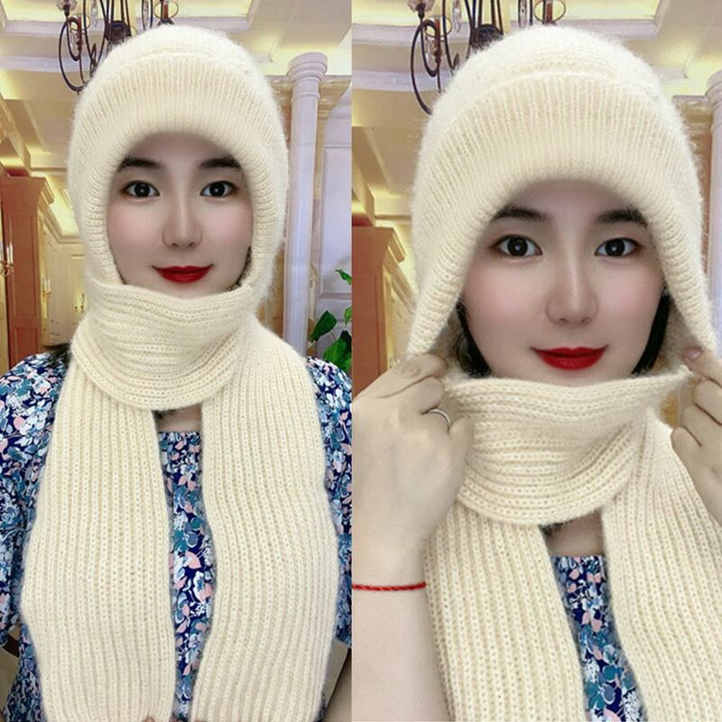 Women Windproof Soft Thick Neck Warmer Hat Scarf Set Beanies Cap Knitted Hat
