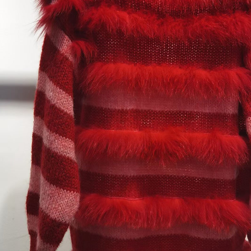 女性用ロングニットセーター,ルーズフィット,長袖,本物のキツネの毛皮のようなストライプ,Vネック,暖かい,秋