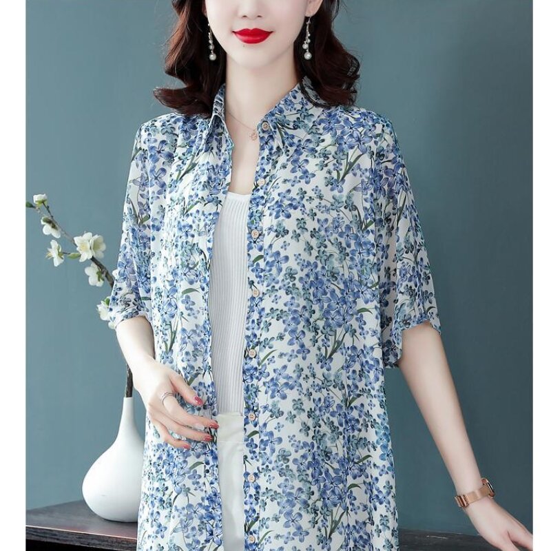 Новинка лета 2024 шифоновая рубашка с цветочным принтом Элегантная Модная утягивающая женская рубашка средней длины