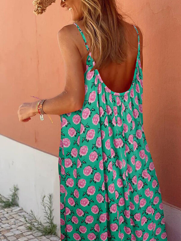 Damska kwiecista sukienka luźna długa Maxi w stylu Boho Spaghetti sukienka z paskiem bez rękawów na lato, na co dzień, na sukienki A-Line wakacje na plaży