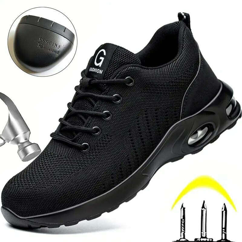 Zapatos de trabajo con amortiguación de aire para hombres, zapatillas de seguridad para construcción, antigolpes, punta de acero, a prueba de perforaciones