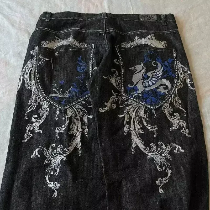 Jeans retrô americano com grande padrão, calças góticas, cintura alta, calças largas, street wear, Y2K, 2021