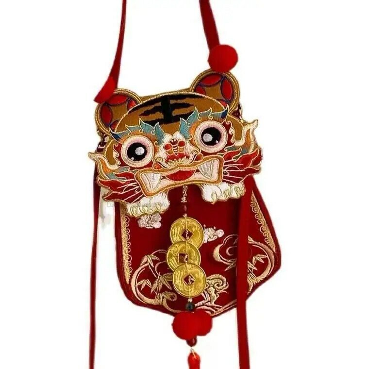 Bolso de mano Hanfu tradicional chino, bolso antiguo, estilo chino, bordado de año Nee, decoración de Tigre, accesorios Hanfu, bolso Vintage P1