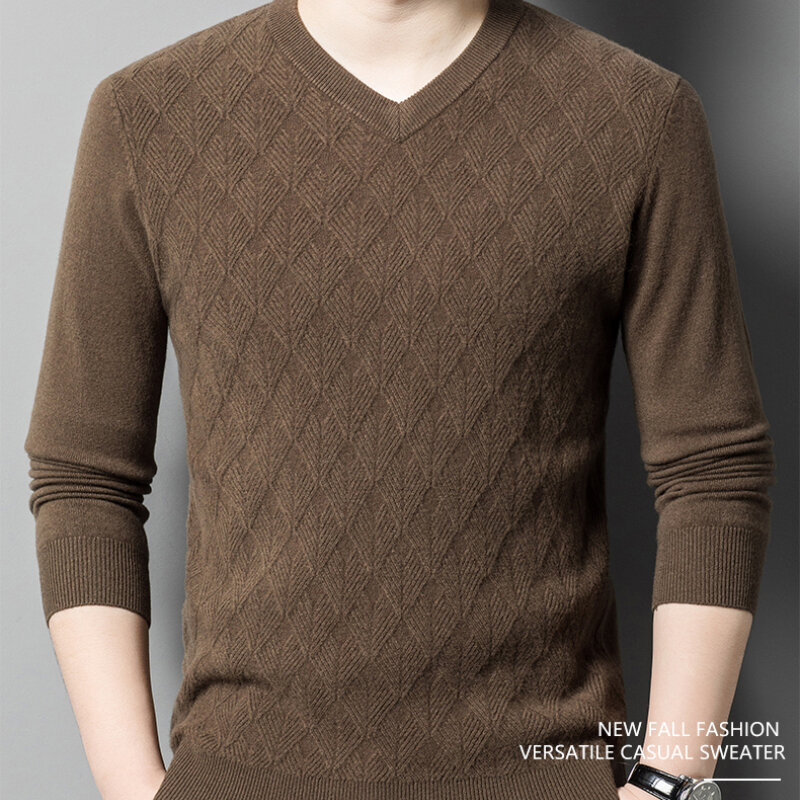 Suéter cálido de Jacquard con cuello en V para hombre, prendas de punto de Color sólido, suéteres de ocio de negocios, marca ajustada, Otoño e Invierno