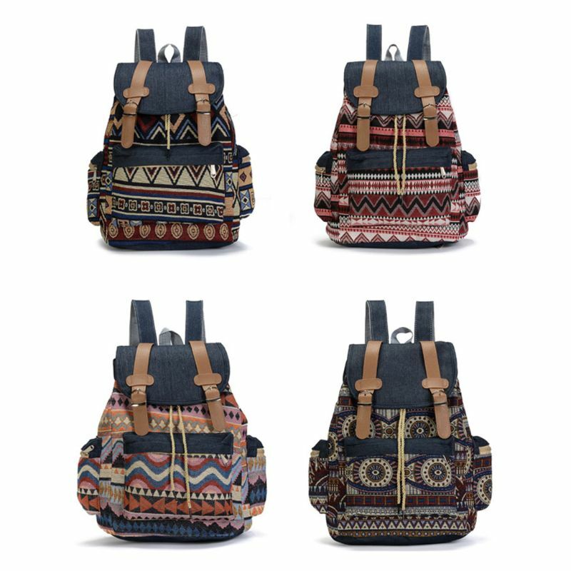 E74B Women Canvas Vintinge Backpack Ethnic Backpack Bohemian Backpacks Schoolbag Daypack