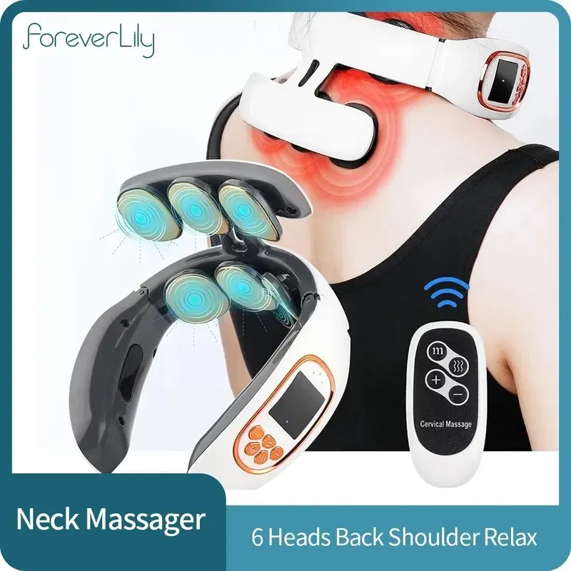 6 Heads Smart Electric Neck and Back Pulse Massager TENS Wireless Heat Cervical Vertebra Relax Kneading Massage Machine