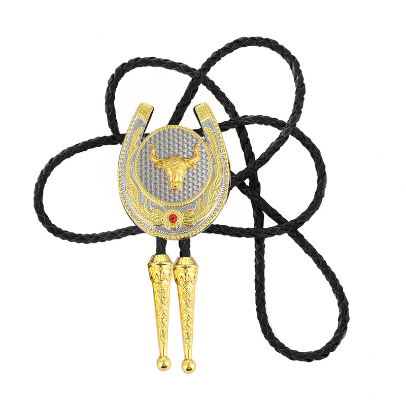 Натуральный камень, золотой U-образный галстук с головой быка для мужчин, индийский ковбойский Западный кожаный шнур из коровьей кожи, галстук из цинкового сплава