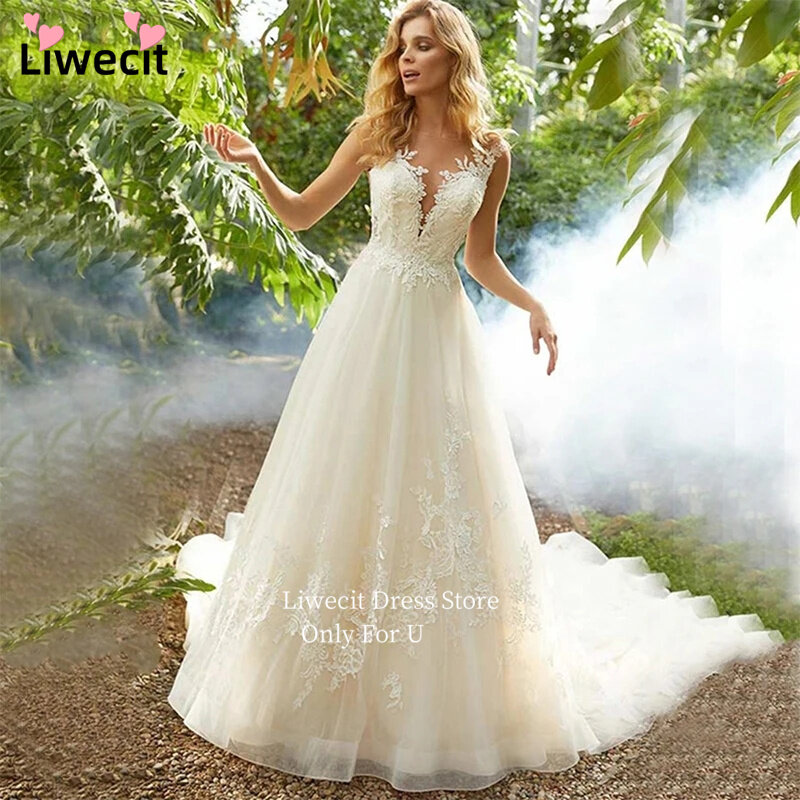 Liwecit-فستان الزفاف مع يزين رائعة ، تول فساتين الزفاف على شكل حرف A ، العنق مغرفة ، أزرار ثوب العروس ، بلا أكمام
