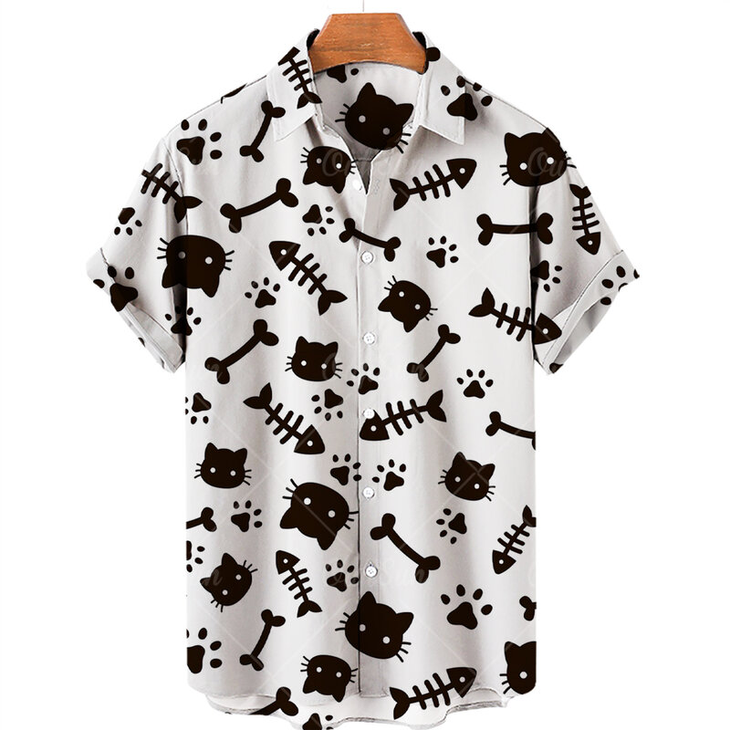 Nowa uroczy nadruk kota koszula męska koszula hawajska lato Top na co dzień duży rozmiar luźne prosta koszula kobiety pojedyncze jednorzędowe guziki Top 5xl