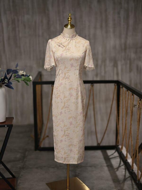 Chinese Spring New Chinese Retro long-sleeved Elegant Pink Improved Cheongsam Dress Lace Sexy Women Modern Qipao Dress