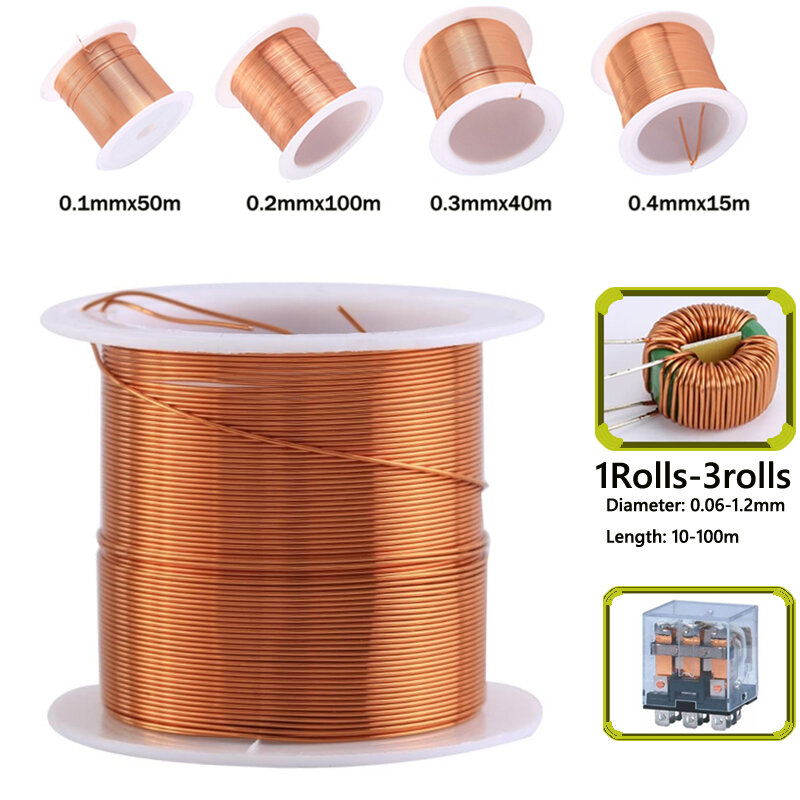 Alambre de cobre lacado esmaltado, bobina de alambre de cobre magnético, 1-3 rollos, 0,06mm-1,2mm
