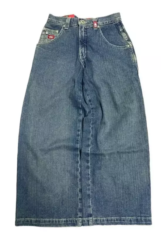 Jeans Hip Hop JNCO Harajuku Street Pocket pantaloni larghi in Denim ricamati a gamba larga uomo pantaloni dritti a vita alta retrò di nuova moda