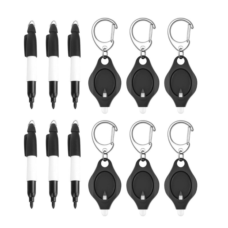 12 Pieces Portable Mini Keyring Torch and Mini Permanent Marker Mini LED Flashlight Keychain for Camping Hiking Fishing
