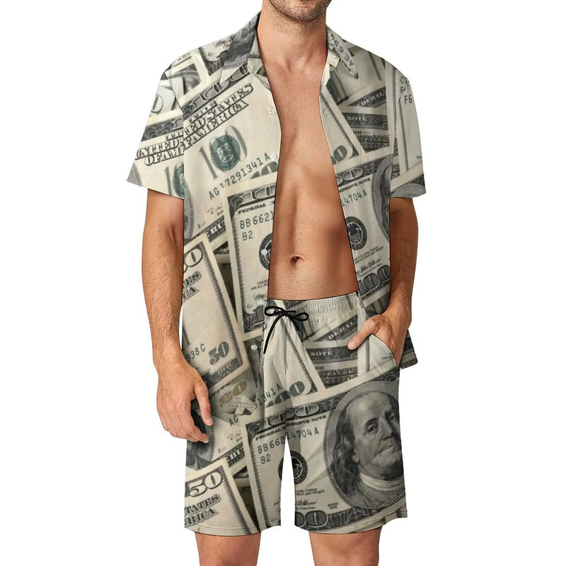 Ternos havaianos estampados em dólar, camisas de mangas curtas, shorts de praia extragrandes, moda casual, tops de verão, conjuntos de roupas