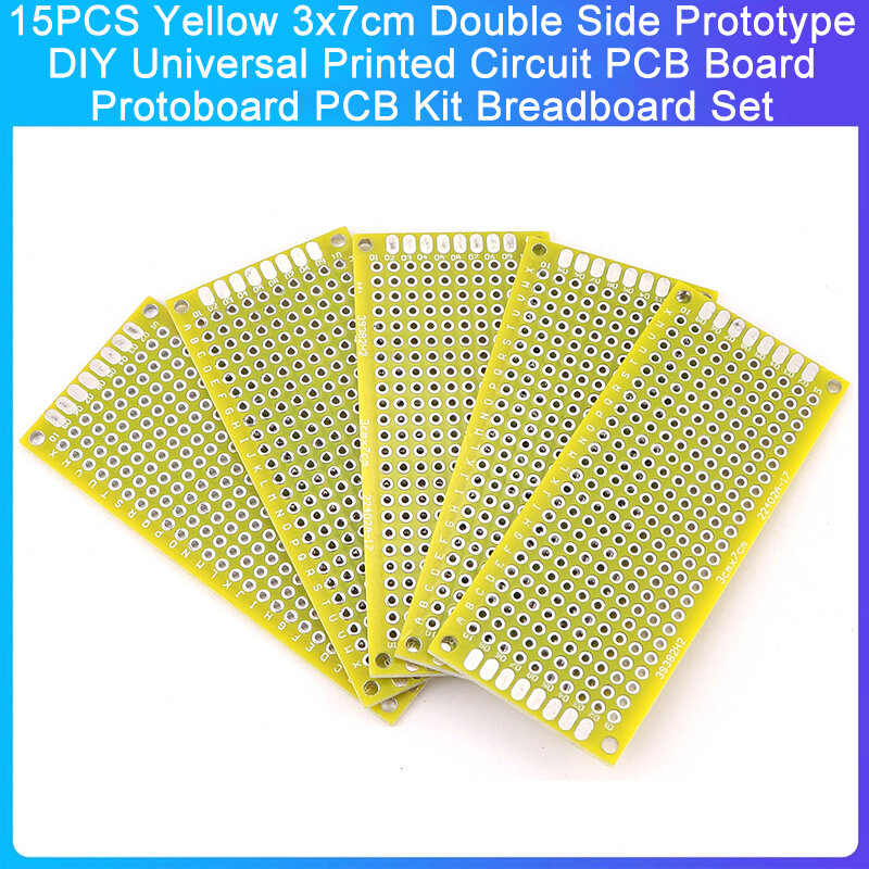 Double Side Prototype PCB Kit, Placa de Circuito Impresso, Conjunto Protoboard Universal, DIY, Amarelo, 3x7cm, 15Pcs
