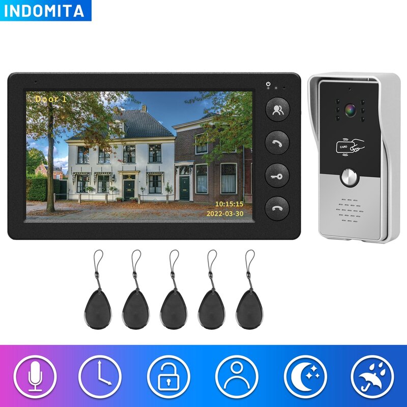 Indomita Przewodowy wideodomofon do domu, wideodomofon do mieszkania, dzwonek uliczny z ekranem 7 cali, zewnętrzny wodoodporny panel połączeń RFID, obsługa odblokowania zamka elektronicznego