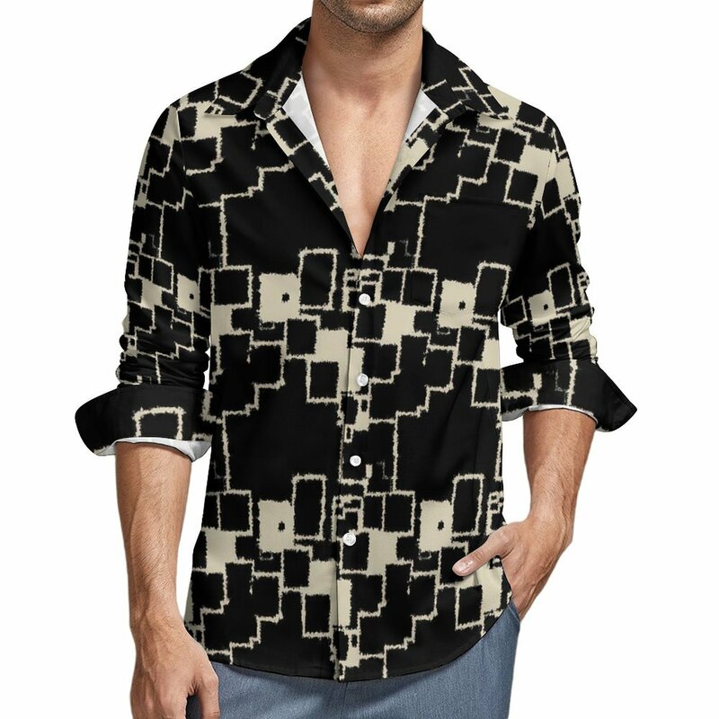 Camisa estampada geométrica vintage masculina, camisas casuais, blusas elegantes, manga longa, tops de harajuku, plus size, primavera