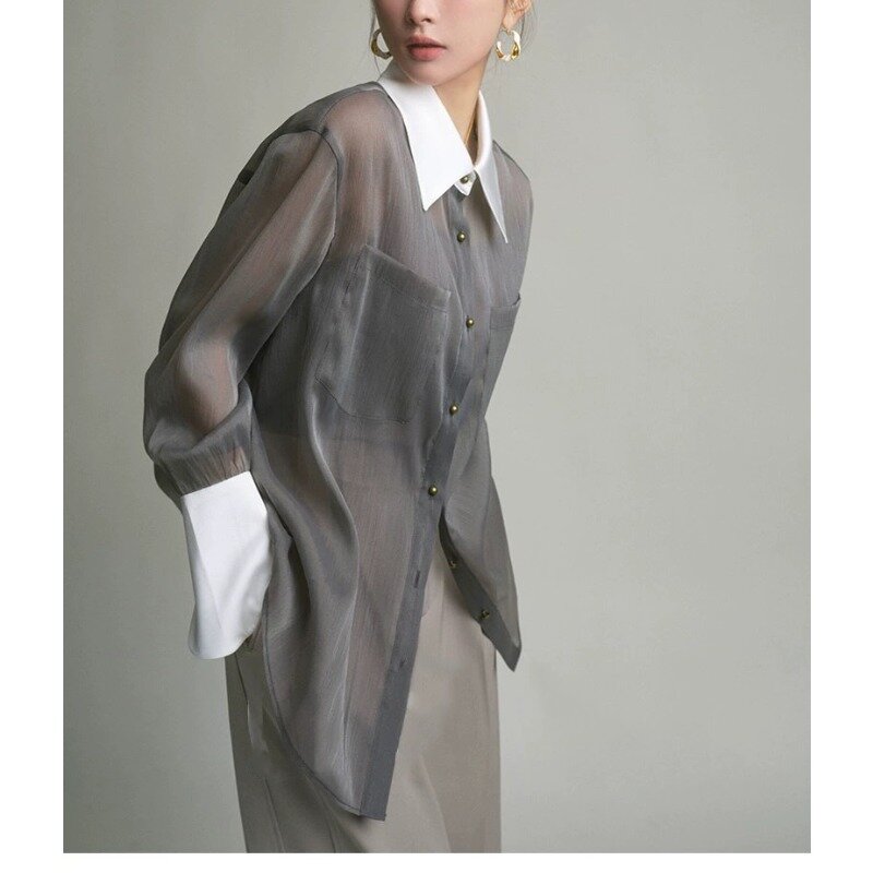 Винтажная свободная прозрачная рубашка QWEEK, женская элегантная офисная Дамская блузка, летняя корейская модная Роскошная эстетичная рубашка в стиле старых денег