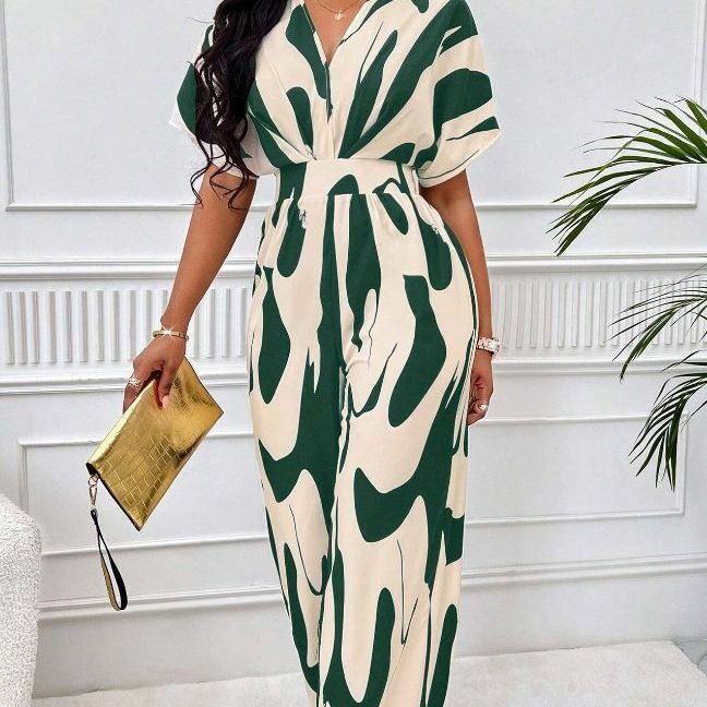 2024 New Women's Clothing Summer Women's Fashion Loose All-over Printed Bat-sleeve Wide-leg Jumpsuit