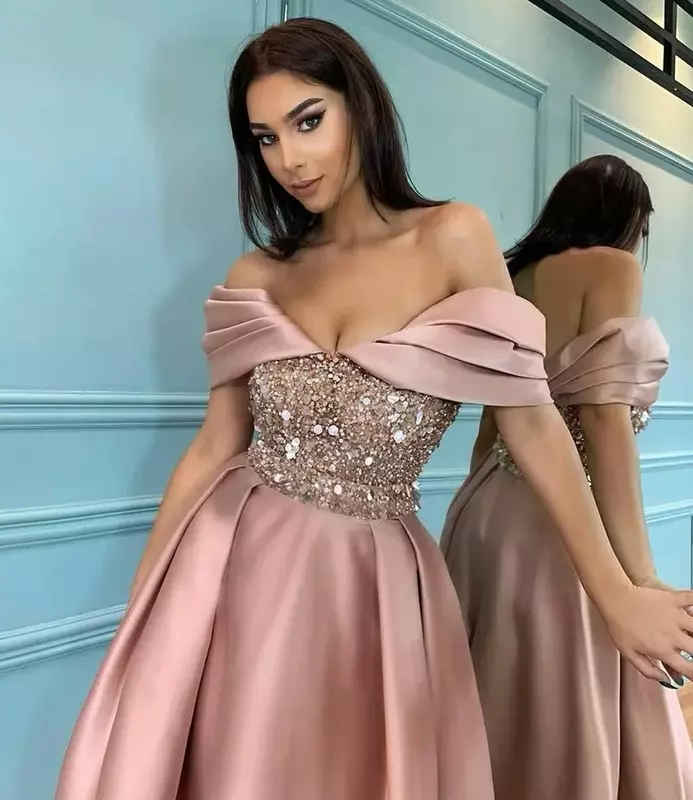 Moda różowe suknie wieczorowe z cekinami na ramiączkach długość do herbaty satynowe suknie na bal maturalny Arabia Saudyjska formalne sukienki na powrót do domu HOT