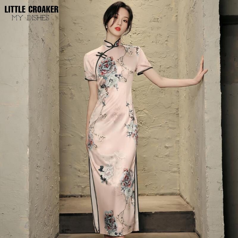 Vestido longo de qipao feminino, cheongsam feminino modificado, gravura vintage, chinês, osso, sexy, mesmo estilo, estilo jovem, verão, novo, 2023