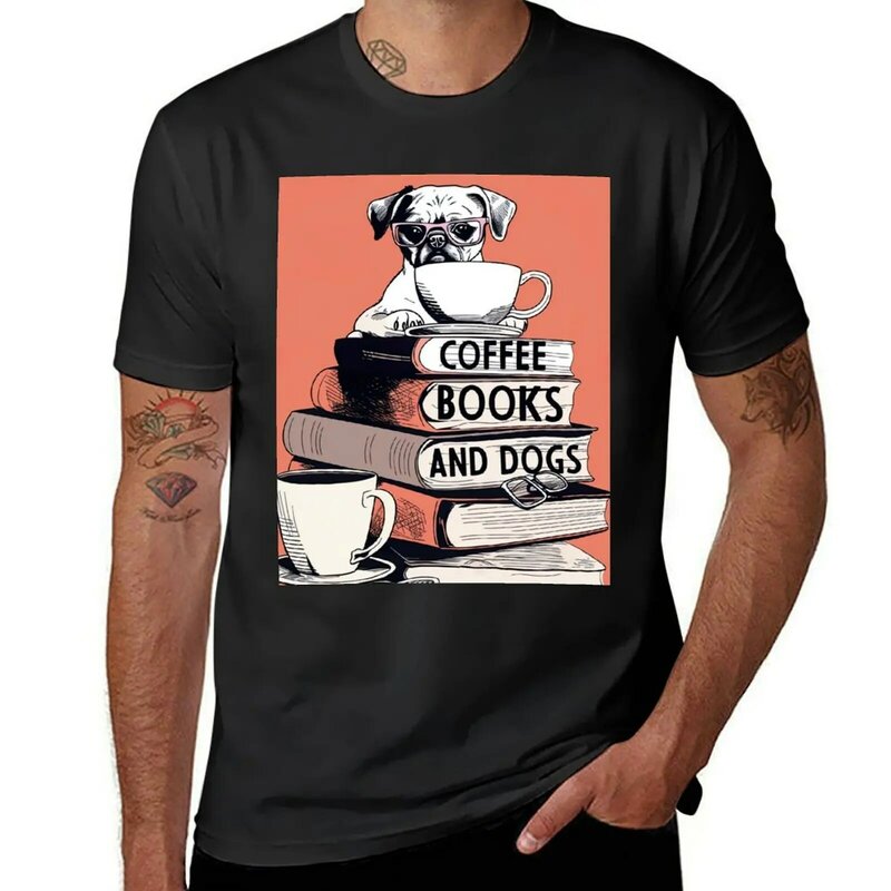 เสื้อยืดสำหรับผู้ชายลายกาแฟหนังสือและสุนัขเสื้อยืดสำหรับผู้ชายแบบย้อนยุคสั่งทำ