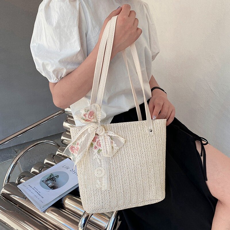 Bolso de paja de verano para mujer, bolsa de ratán con lazo de encaje, gran capacidad, bolso de mano de ocio, bolso de viaje de playa