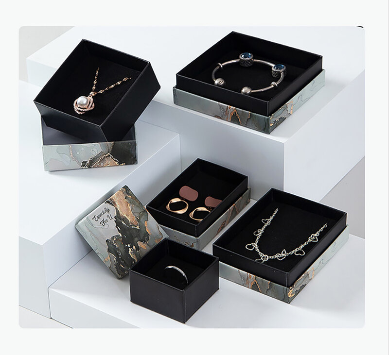 1 pçs multi tamanho preto mármore jóias caixa de papel anel brincos colar pingente pulseira jóias embalagem para pequenas empresas