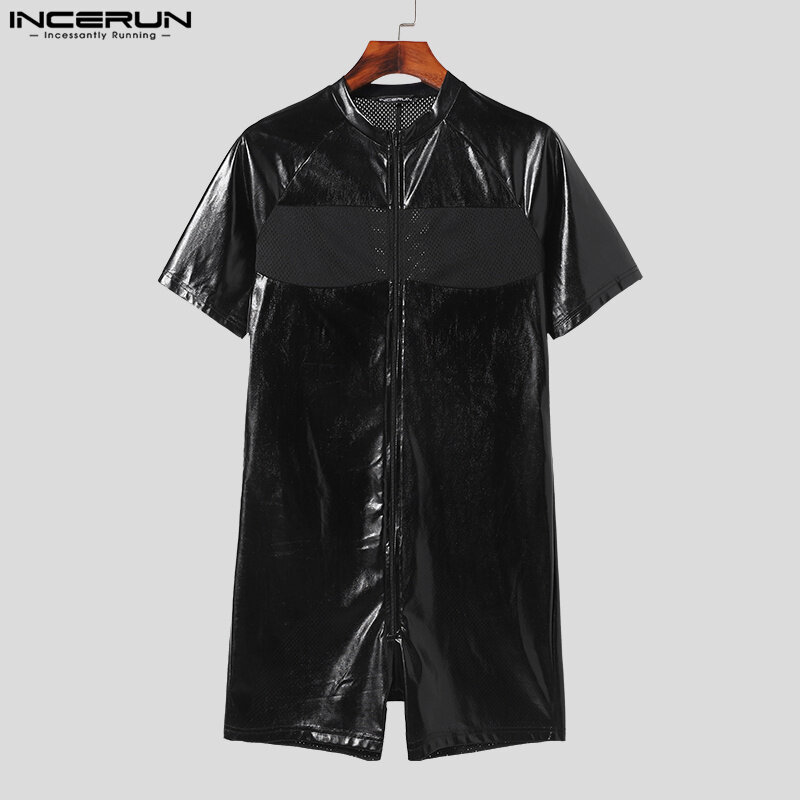 INCERUN 2024 Sexy Men's Stylish Jumpsuits Mesh Patchwork Leisure Faux Leather Fabric Rompers Solid Short Sleeved Bodysuits S-3XL