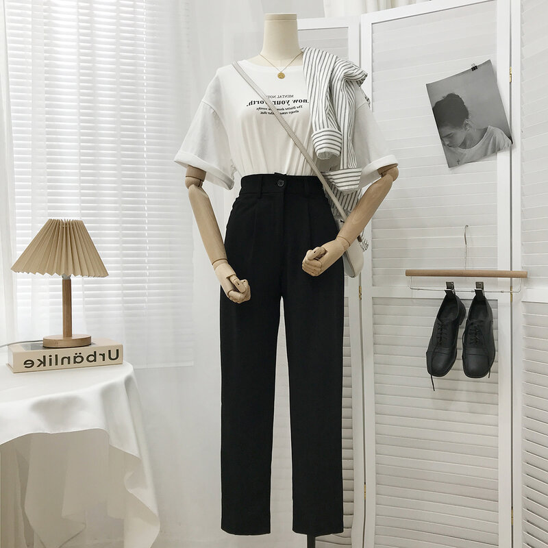 Damskie eleganckie spodnie garniturowe 2021 letnie modne biurowa, damska noszą proste spodnie w stylu Vintage wysoki stan na suwak damskie spodnie typu Casual