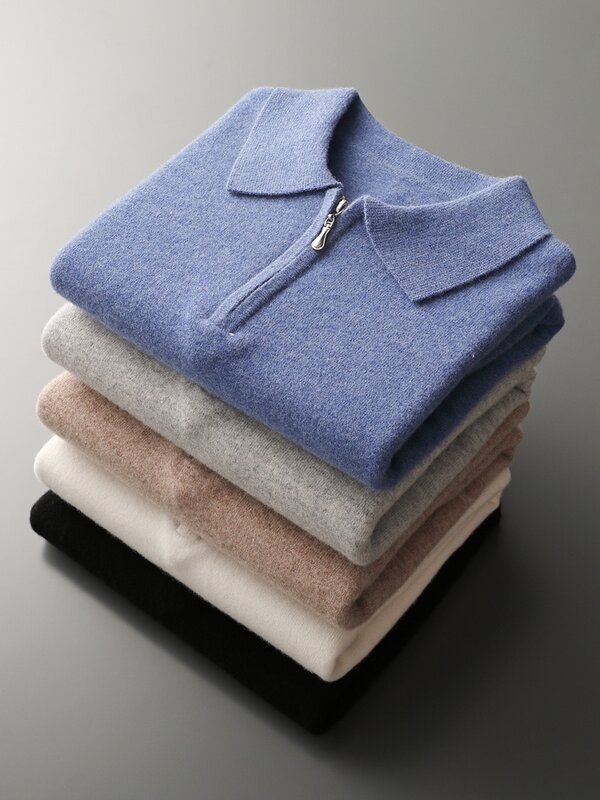 CHICUU Sweater Polo kasmir pria, atasan dasar nyaman lembut musim gugur musim dingin 100% Merino kasual cerdas ritsleting