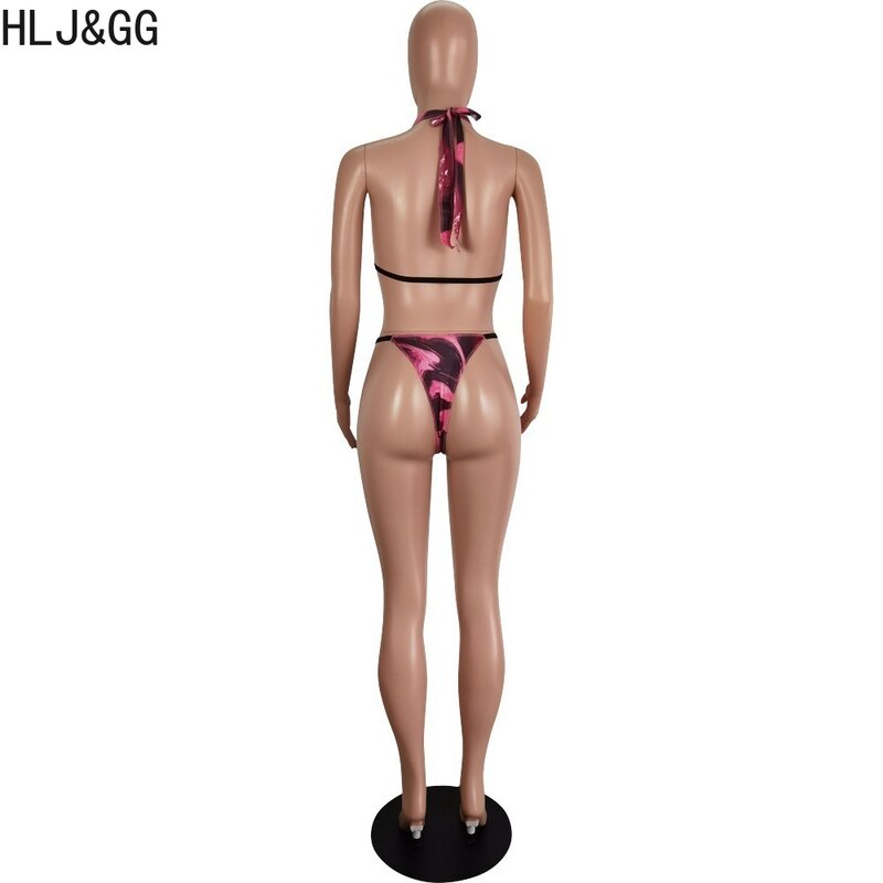 Hlj & gg lila sexy Druck aushöhlen Bandage Bodycon zweiteilige Sets Frauen tief v Halfter Schnür-BH und dünne Hosen Outfits