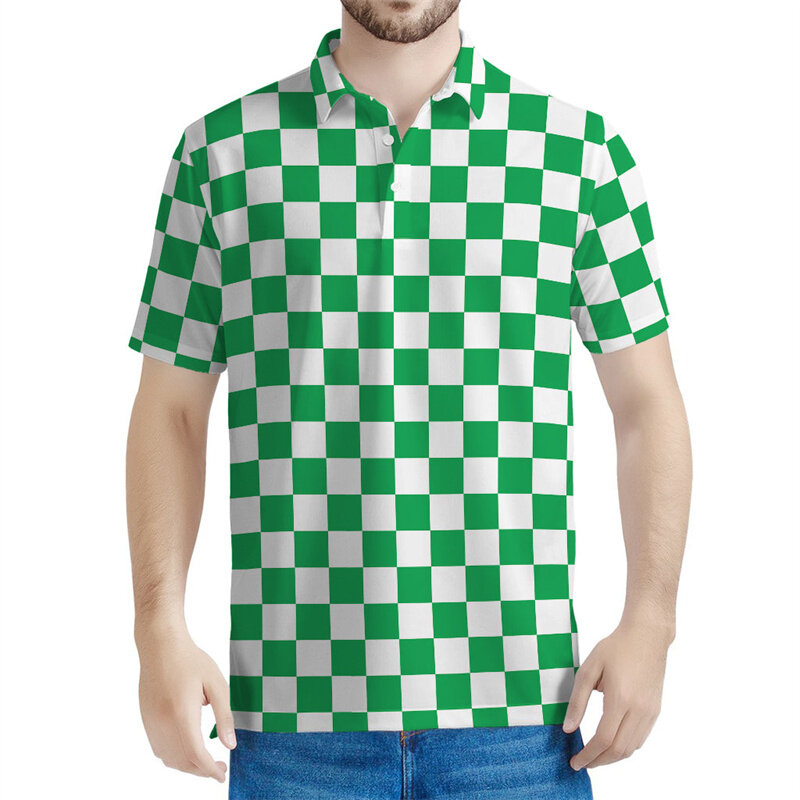 Kaos Polo pria pola kotak-kotak warna-warni, T-Shirt kerah kotak-kotak motif 3D, atasan lengan pendek berkancing longgar musim panas