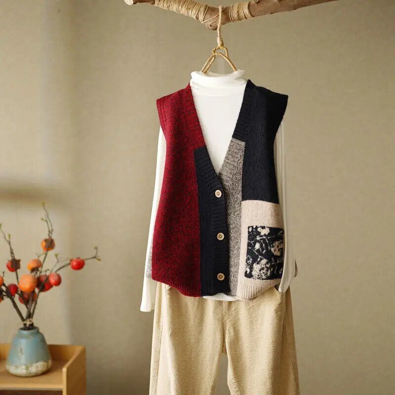 2023 New Knitting V-neck Sleeveless Femme Tops Autumn Winter Thin Casual Vintage V-neck Vests Buttons Loose Women's Clothing
