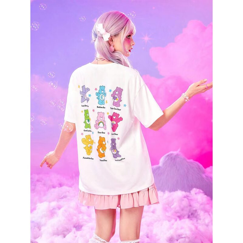 Camiseta estampada com ursos cartoon para meninas e mulheres, carebears kawaii, tops brancos grandes, camiseta casual de verão, 2022