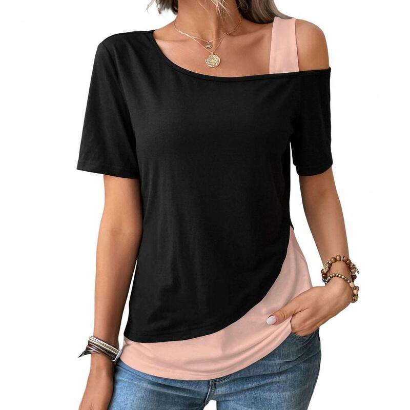 Off-shoulder wanita, atasan kaus kerah Skew bahu terbuka modis dengan warna tambal sulam longgar pas