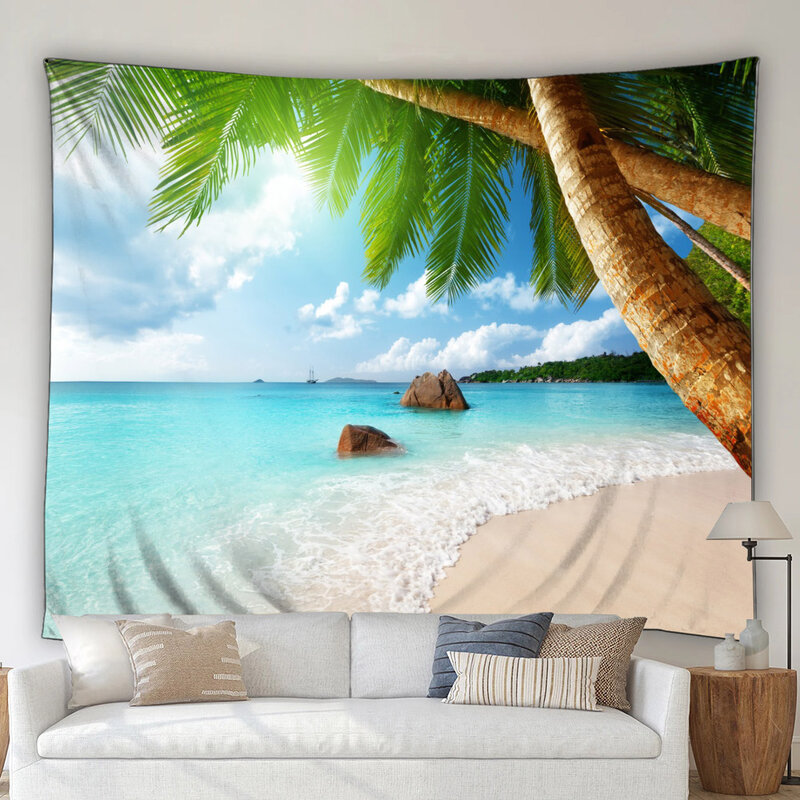 Permadani pantai Samudra pemandangan alam pohon kelapa tropis tepi pantai pemandangan rumah dekorasi ruangan asrama kain latar belakang permadani dapat dicuci