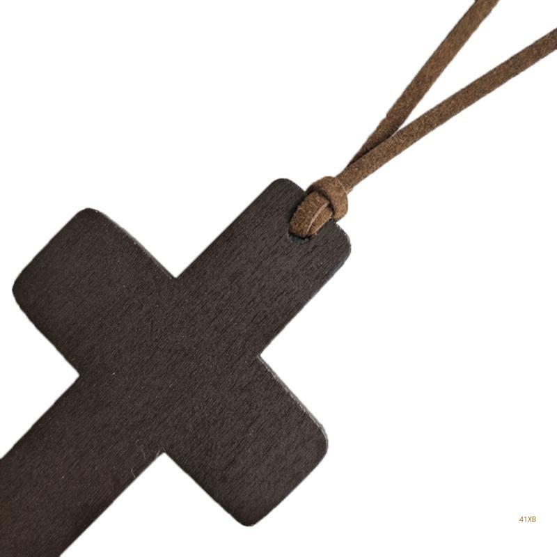 41XB Retro mężczyźni kobiety brązowa/czarna lina do krzyża wisiorek chrześcijańska religijna drewniana szyja