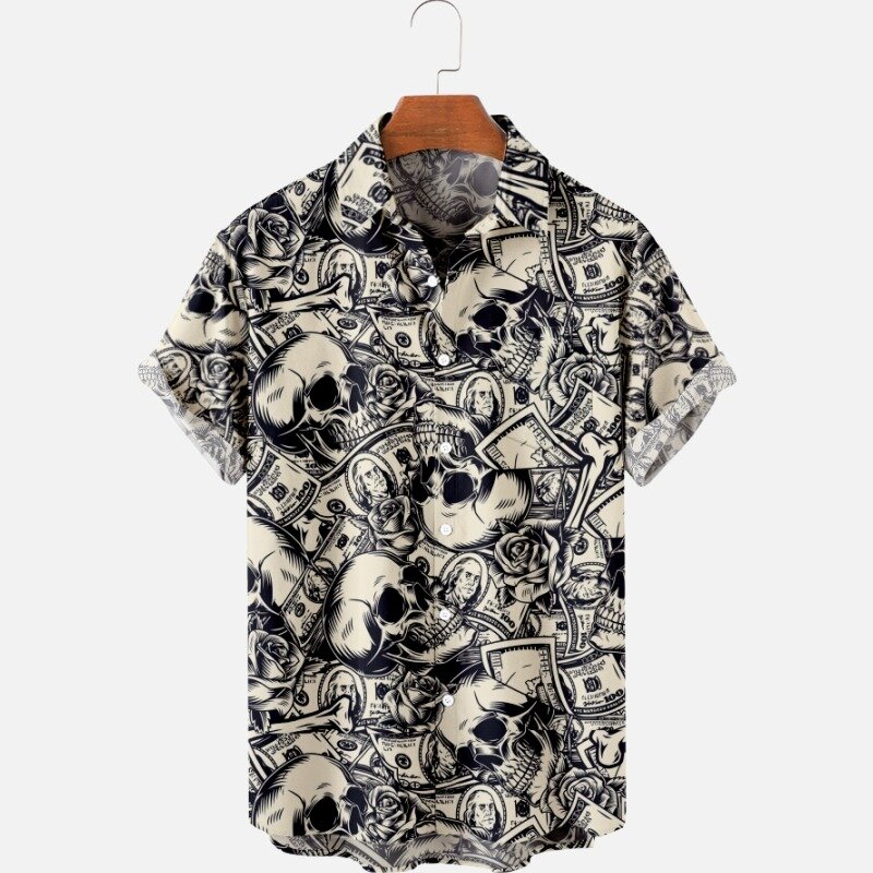 Moda masculina verão t-shirts caveira havaiana 3d impressão aconchegante casual um botão camisas de manga curta praia camisas de grandes dimensões 6