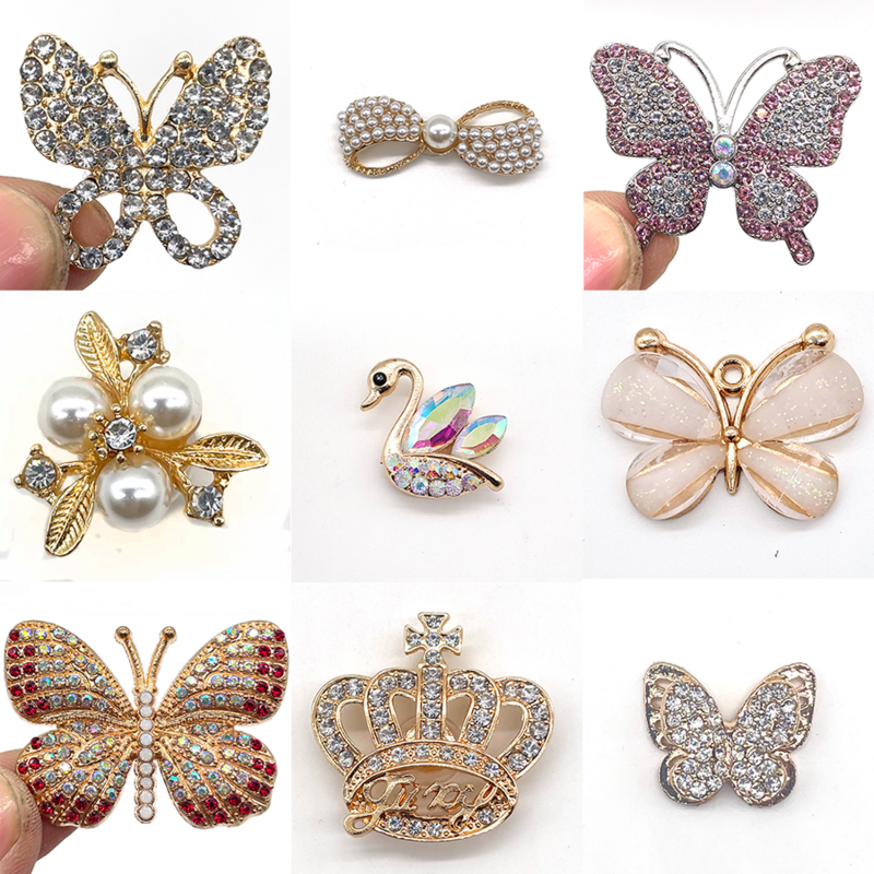 Dijes de zapatos de aleación de Metal con botones, accesorios de corona de cisne de mariposa, 9 estilos de decoraciones