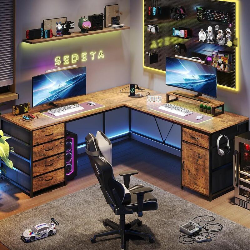 L geformter Schreibtisch, 63 "Computer tisch mit 5 Schubladen und Steckdose für das Home Office