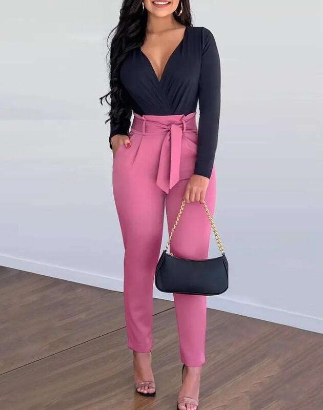 Biurowa damska Pantalon Femme 2023 jesień nowa moda podkład jednolita elastyczna talia Slim Fit z wysokim stanem wiązane detale spodnie na co dzień