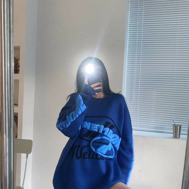 Autumn Winter  Arrival  Korean Style Women Casual Loose Long Sleeve O-neck Pullover Letter Print Cotton Sweaters  sweater women