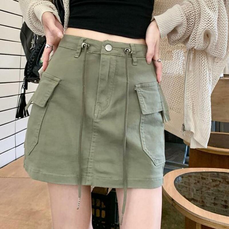 Cargo Mini Skirts Vinage America Style Drawstring High Waist A-line Women Mini Skirt Multi Pockets Slim Fit  Skirt Streetwear