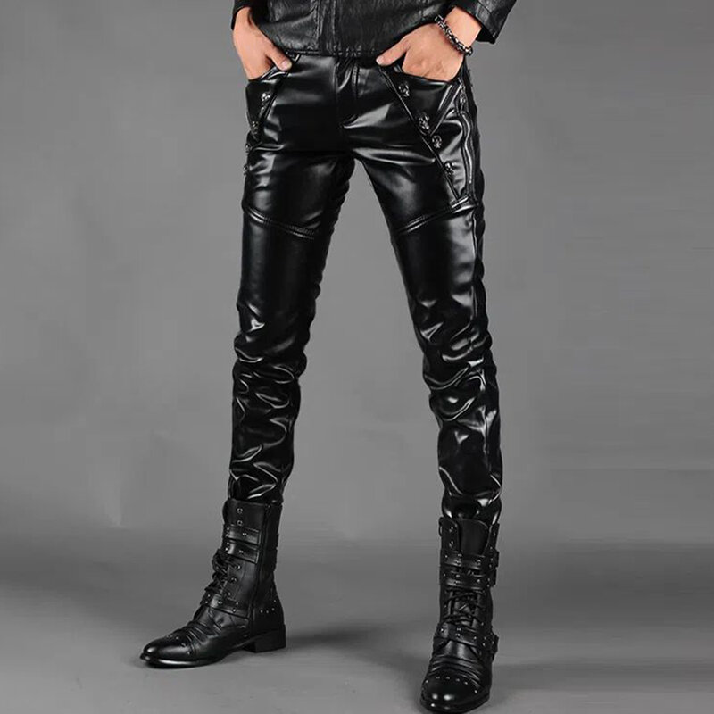 Модные кожаные брюки с заклепками в Корейском стиле, мужские Новые облегающие брюки-карандаш в стиле панк-рок, мотоциклетные брюки, мужские теплые флисовые брюки из полиуретана