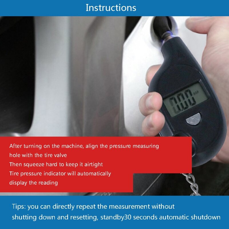090E Mini chaveiro preto + testador pressão ar pneus Kpa, Bar, Kg/cm² Medidor pneus