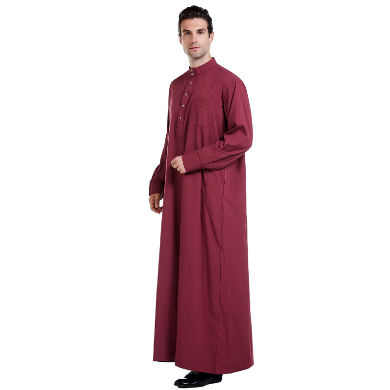 Kostium narodowy mężczyźni muzułmańskie ubrania męskie jednolity kolor długi rękaw stójka Thobes dla mężczyzn guziki szlachetny Jubba saudyjski Arabia