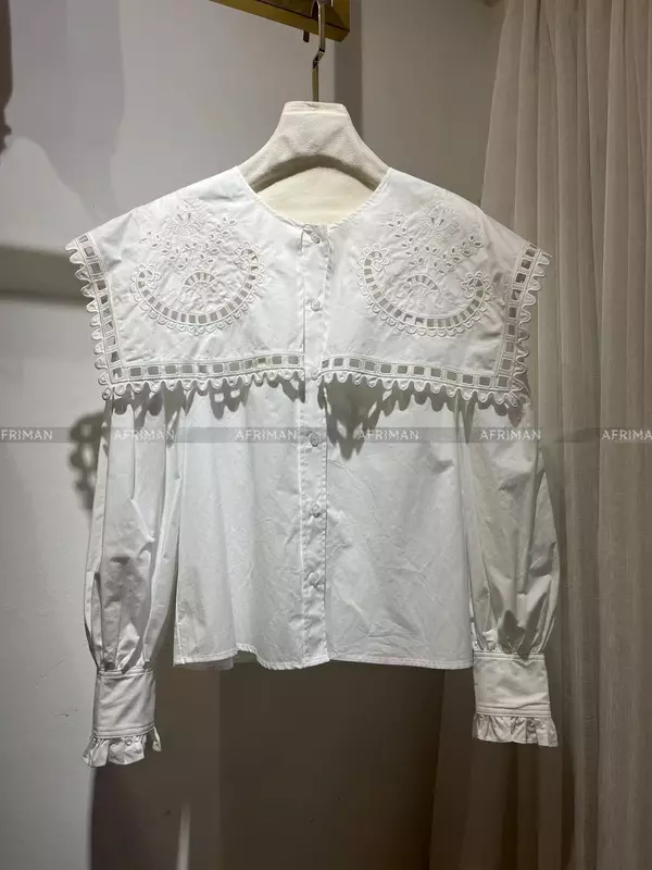 Женская хлопковая блузка с вышивкой, ажурная рубашка с отложным воротником и длинным рукавом, новинка весны 2024
